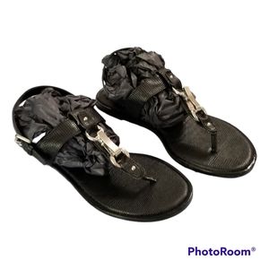 Nine West Black Crocodile Print With Silver Tone Flat Sandals Women's 7M